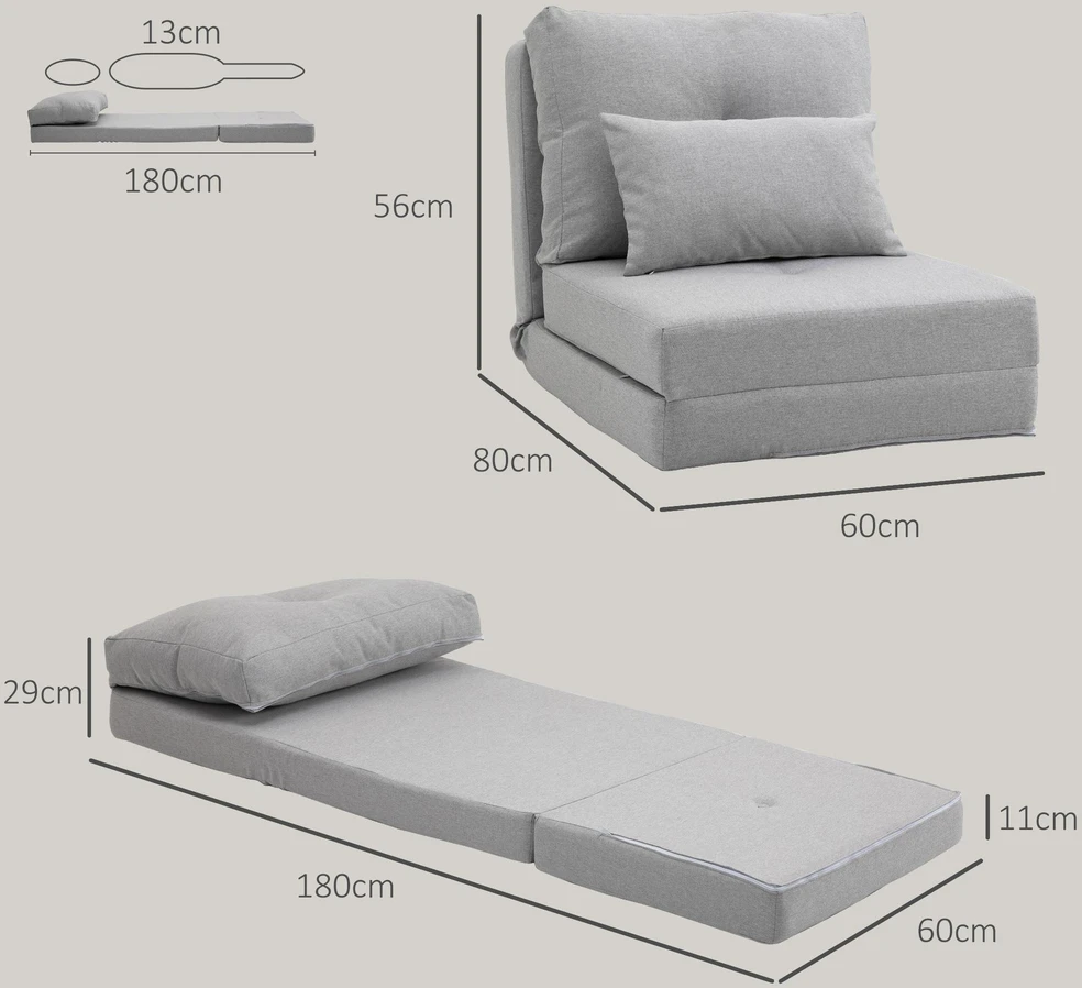 HOMCOM 2-in-1 sulankstomas grindų fotelis-lova su reguliuojamu atlošu, grindų sofa su dekoratyvine pagalve, grindų sėdimoji pagalvė svetainei, miegamajam, lininis, pilkas