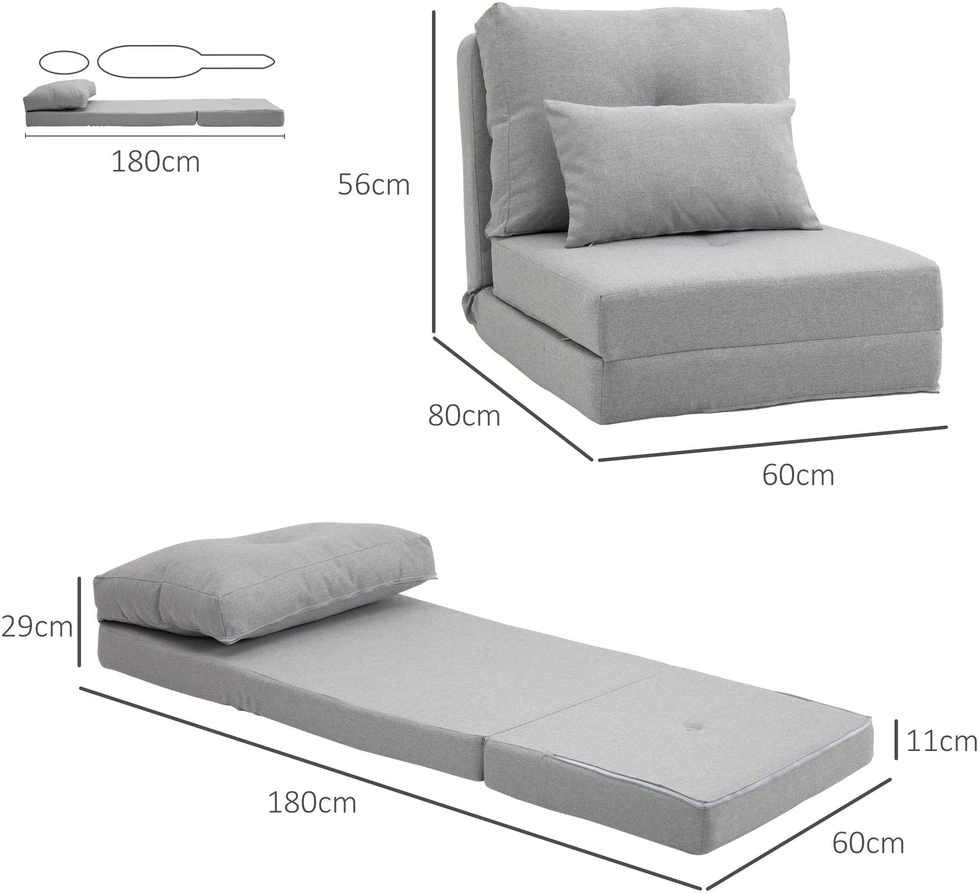 HOMCOM 2-in-1 sulankstomas grindų fotelis-lova su reguliuojamu atlošu, grindų sofa su dekoratyvine pagalve, grindų sėdimoji pagalvė svetainei, miegamajam, lininis, pilkas