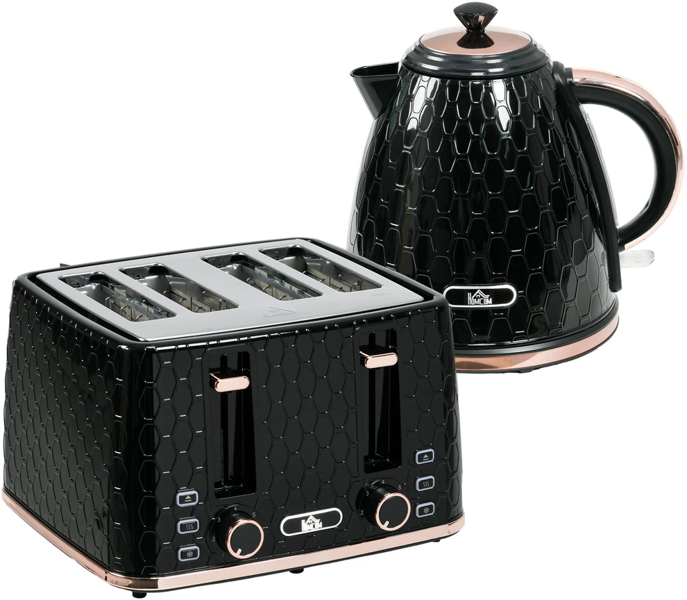 HOMCOM 2-in-1 virtuvės komplektas, skrudintuvas ir virdulys, 1,7 l, 4 riekelės vienu metu, plastikas, juodas