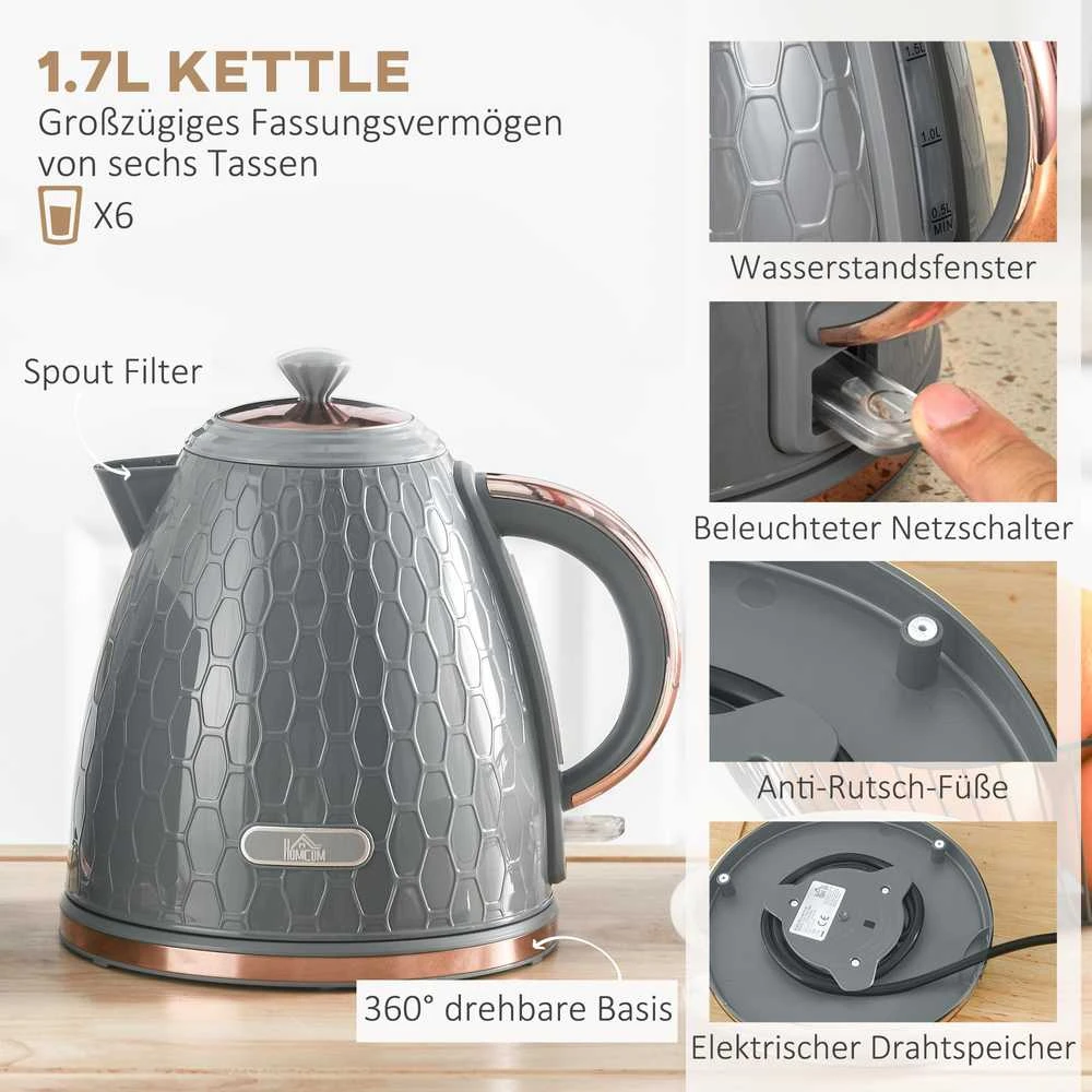 HOMCOM 2-in-1 virtuvės rinkinys, skrudintuvas ir virdulys, keli variantai, 1,7 l, 4 skrudinimo vietos vienu metu, plastikas, pilka