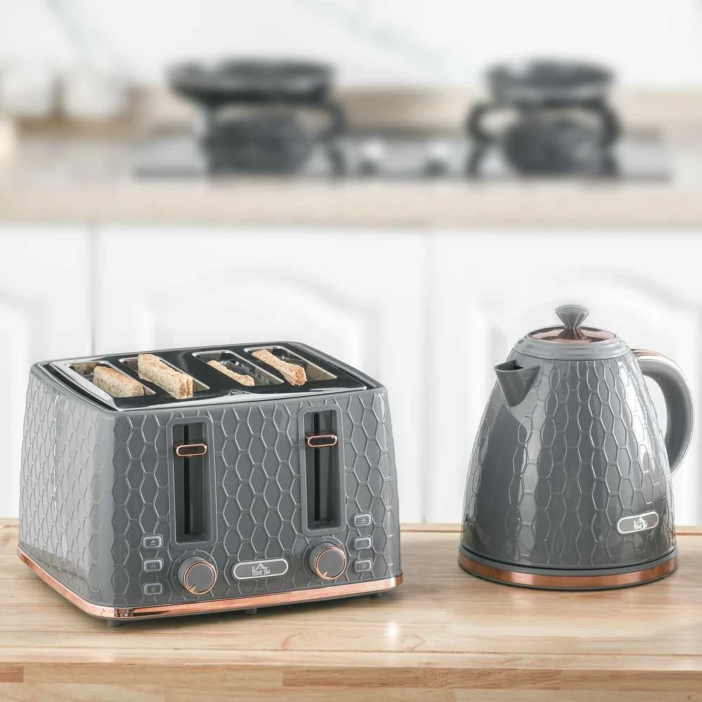 HOMCOM 2-in-1 virtuvės rinkinys, skrudintuvas ir virdulys, keli variantai, 1,7 l, 4 skrudinimo vietos vienu metu, plastikas, pilka
