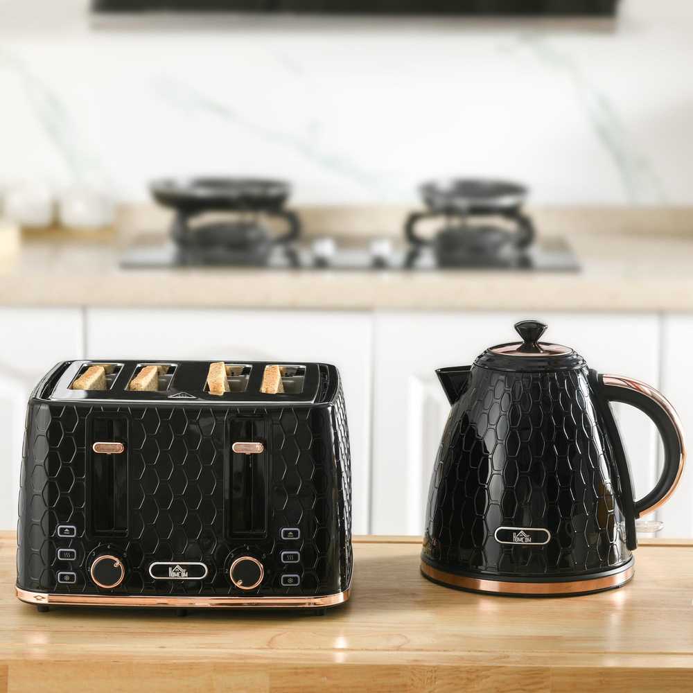 HOMCOM 2-in-1 virtuvės komplektas, skrudintuvas ir virdulys, 1,7 l, 4 riekelės vienu metu, plastikas, juodas