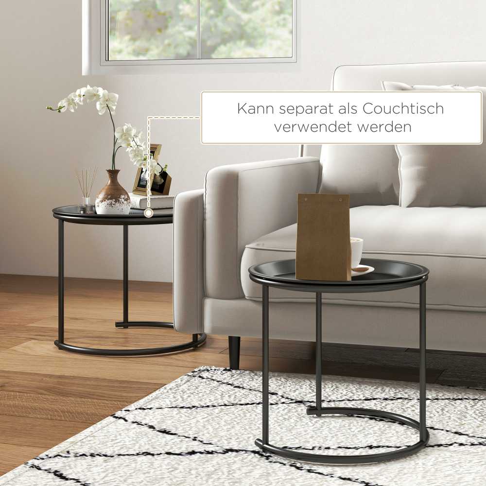 HOMCOM 2 kavos staliukų rinkinys, apvalus staliukas, sukraunamas svetainės staliukas, sofos staliukas svetainei, miegamajam, prieškambariui, plienas, Ø43/35 cm, juodas