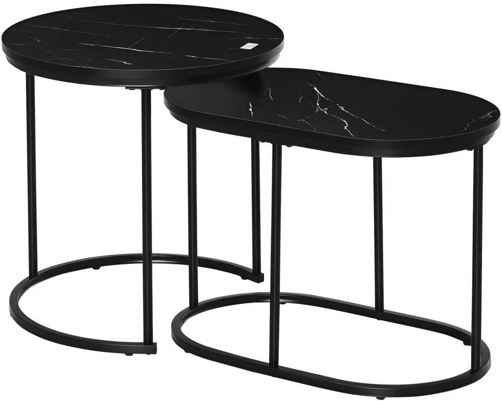 HOMCOM 2 dalių kavos staliukų komplektas, apvalus ir ovalus, sudedami vienas į kitą, marmuro imitacijos paviršius, iki 30 kg, MDF ir plienas, juodi, Ø50 x 50,5 cm