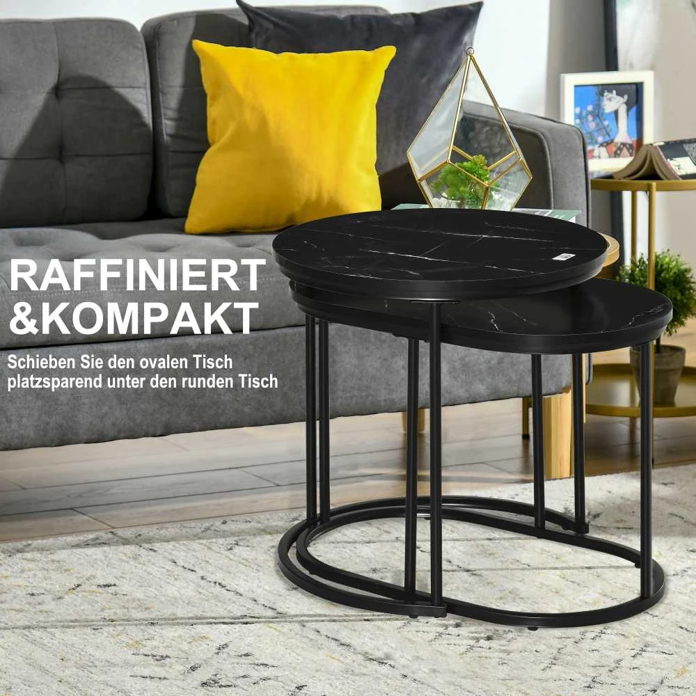 HOMCOM 2 dalių kavos staliukų komplektas, apvalus ir ovalus, sudedami vienas į kitą, marmuro imitacijos paviršius, iki 30 kg, MDF ir plienas, juodi, Ø50 x 50,5 cm