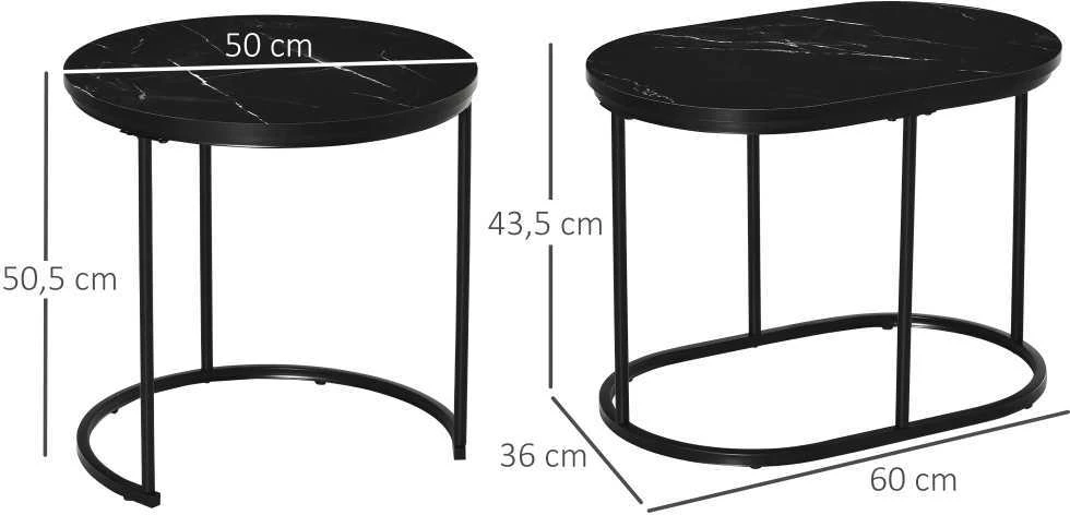 HOMCOM 2 dalių kavos staliukų komplektas, apvalus ir ovalus, sudedami vienas į kitą, marmuro imitacijos paviršius, iki 30 kg, MDF ir plienas, juodi, Ø50 x 50,5 cm