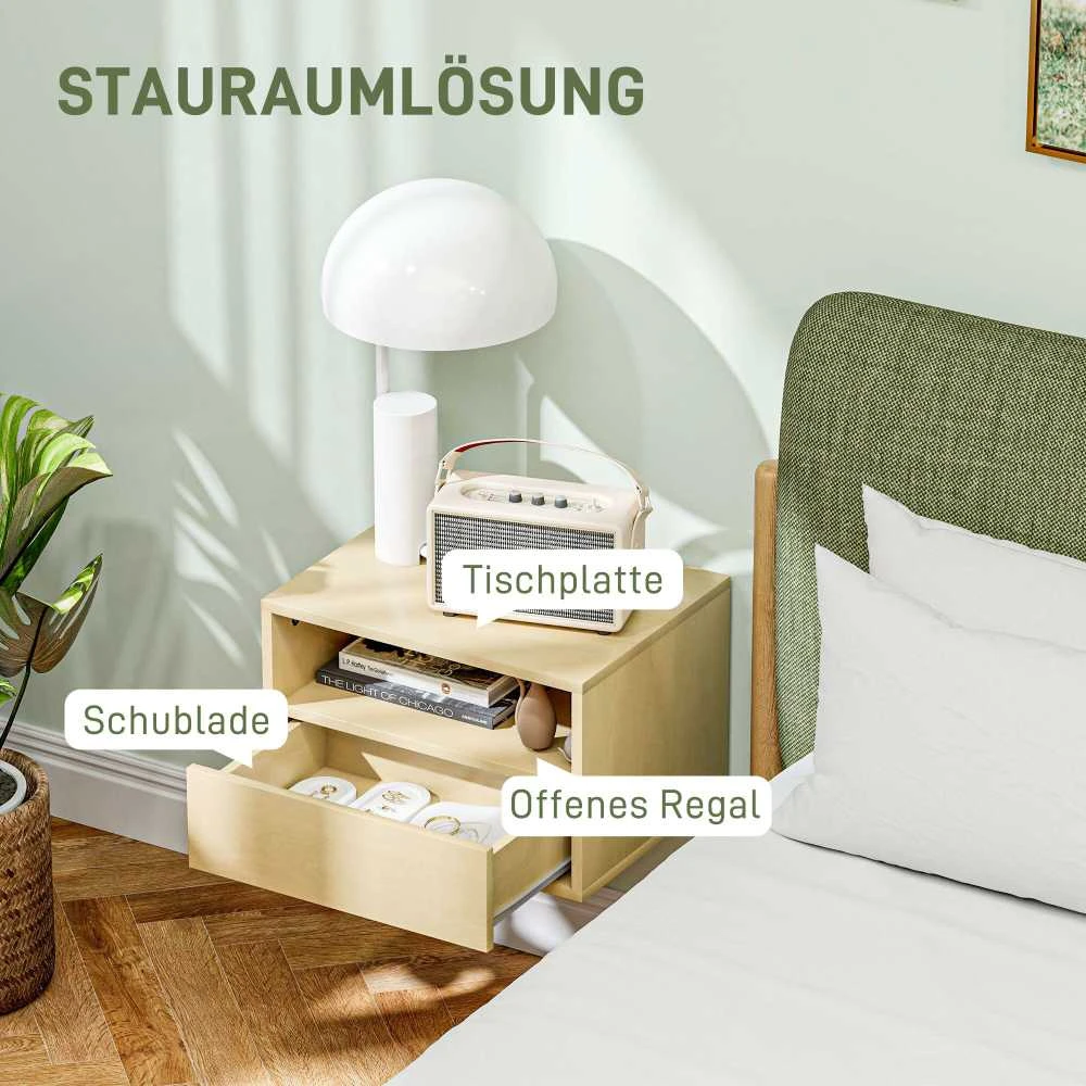 HOMCOM pakabinamų naktinių spintelių rinkinys (2 vnt.), pakabinama naktinė spintelė su stalčiumi, atvira lentyna, sieninė spintelė miegamajam, svetainei, 45 x 35 x 27,5 cm, natūralaus medžio spalvos