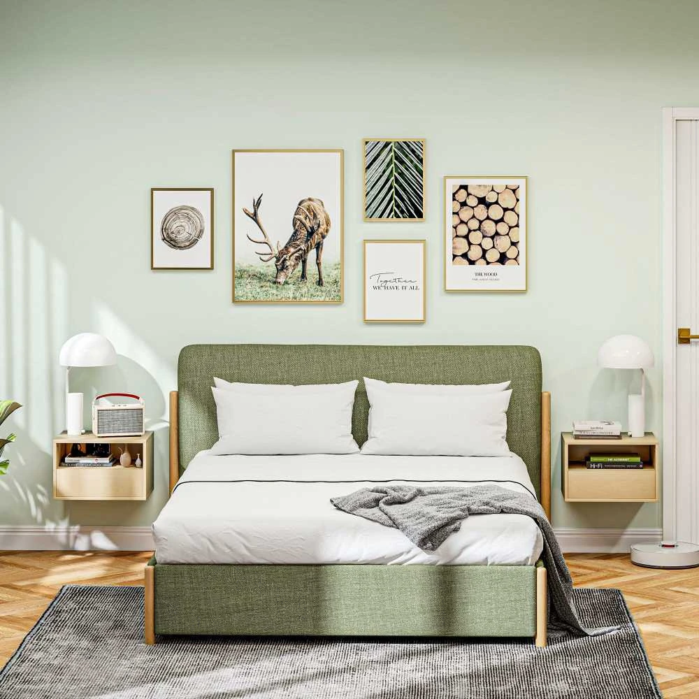 HOMCOM pakabinamų naktinių spintelių rinkinys (2 vnt.), pakabinama naktinė spintelė su stalčiumi, atvira lentyna, sieninė spintelė miegamajam, svetainei, 45 x 35 x 27,5 cm, natūralaus medžio spalvos
