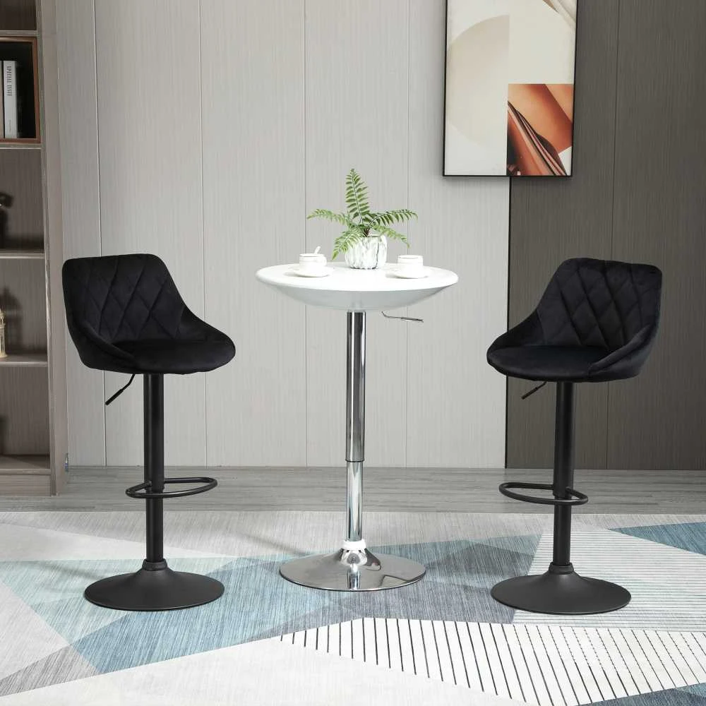 HOMCOM baro kėdžių komplektas, 2 vnt., reguliuojamo aukščio, juodos spalvos, bistro kėdės, su atrama kojoms ir nugarai, aksominės, metalinės, 46x48x83-104 cm