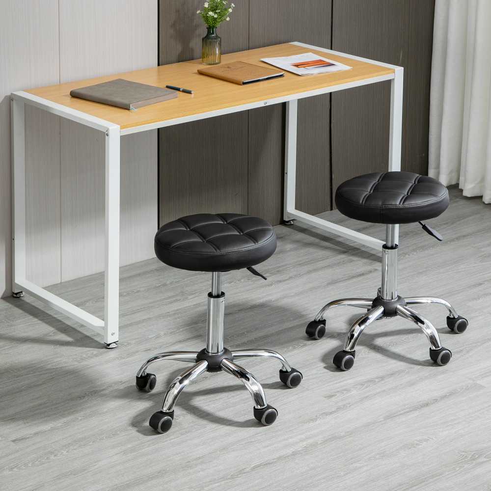 HOMCOM salonų kėdžių rinkinys iš 2 vnt., su ratukais, besisukanti reguliuojamo aukščio kėdė, dirbtinė oda, juoda, Ø35,5x48-63 cm