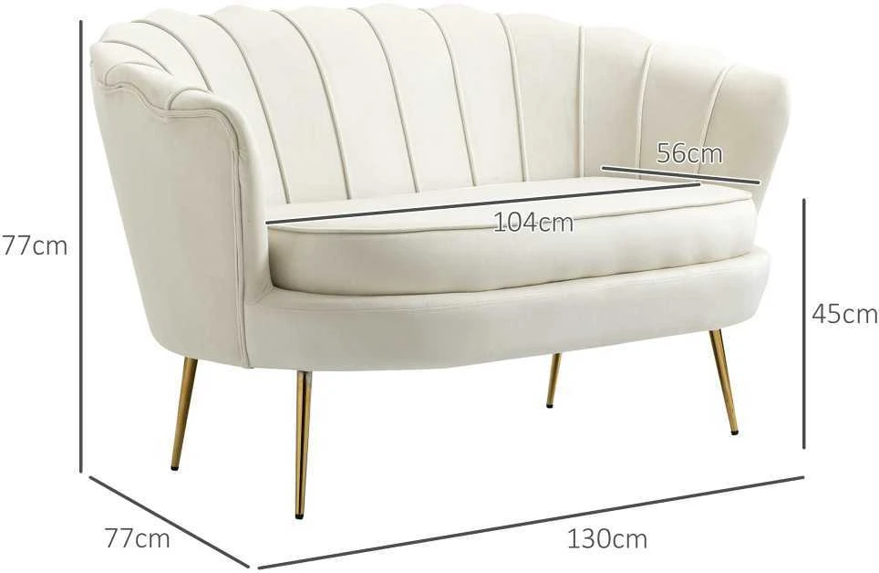 HOMCOM 2 sėdimų vietų sofa sofa minkšta sofa loveseat porankis aksomas iki 150 kg svetainė miegamasis kreminė 130x77x77cm