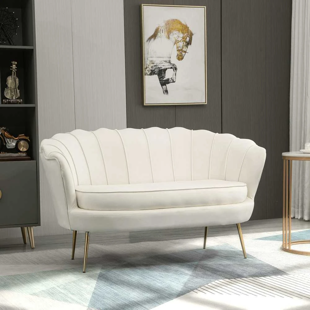 HOMCOM 2 sėdimų vietų sofa sofa minkšta sofa loveseat porankis aksomas iki 150 kg svetainė miegamasis kreminė 130x77x77cm