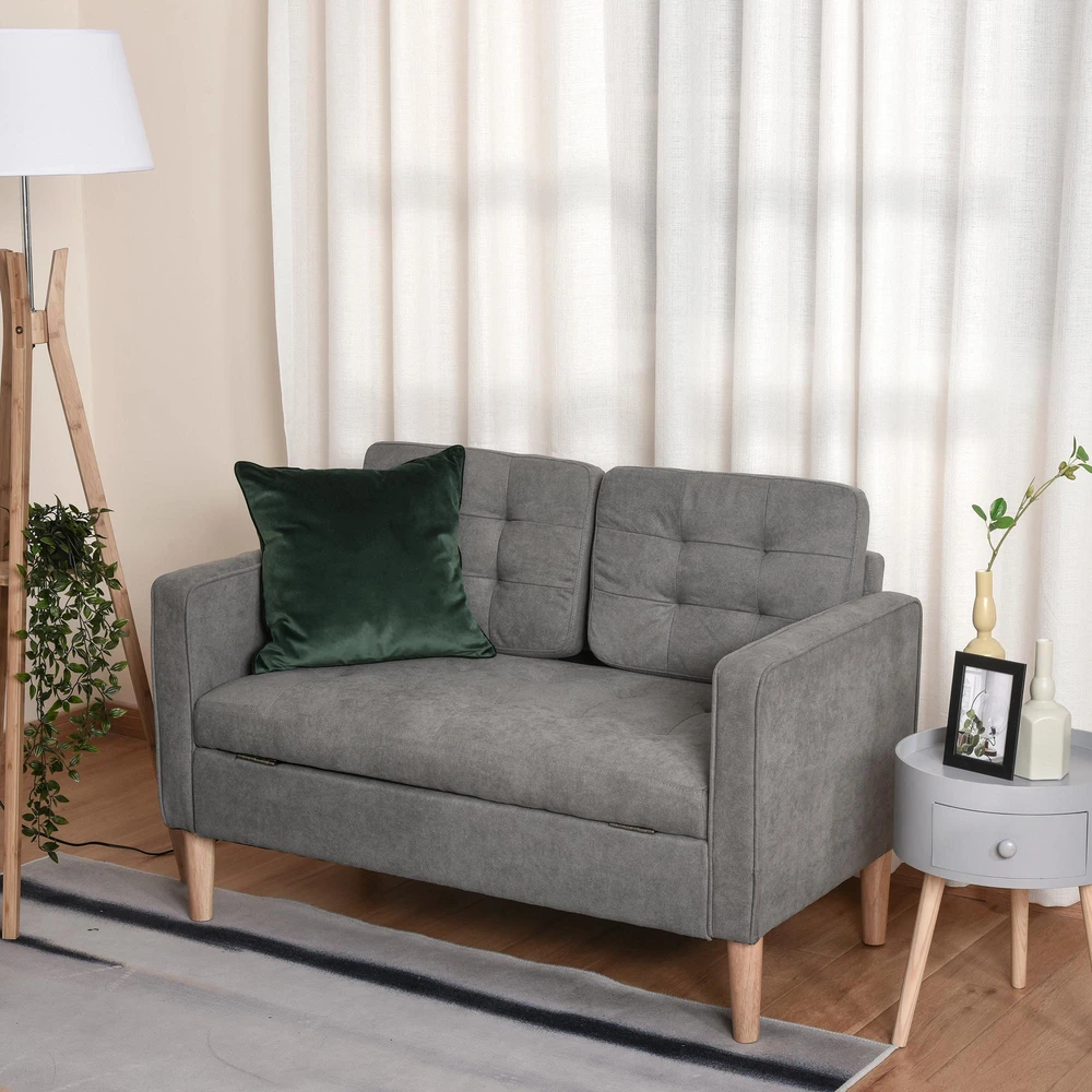 HOMCOM 2-viečių sofa, medžiaginė, nuimama, su pagalvėlėmis, kaučiukmedis, medvilnė, pilka, 117 x 62 x 78 cm