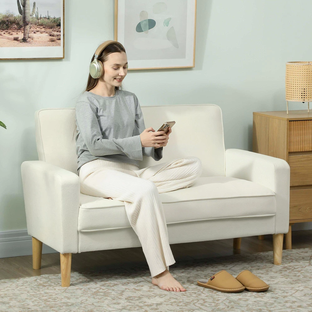 HOMCOM 2-vietė sofa, dvivietė sofa su kaučiukmedžio kojelėmis, minkšta sofa svetainei, miegamajam, kreminės baltos spalvos