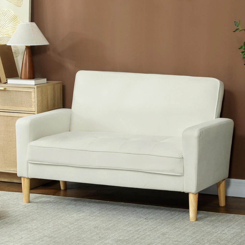 HOMCOM 2-vietė sofa, dvivietė sofa su kaučiukmedžio kojelėmis, minkšta sofa svetainei, miegamajam, kreminės baltos spalvos