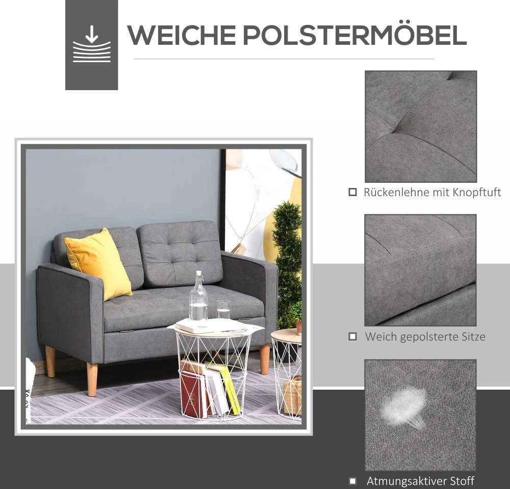 HOMCOM 2-viečių sofa, medžiaginė, nuimama, su pagalvėlėmis, kaučiukmedis, medvilnė, pilka, 117 x 62 x 78 cm