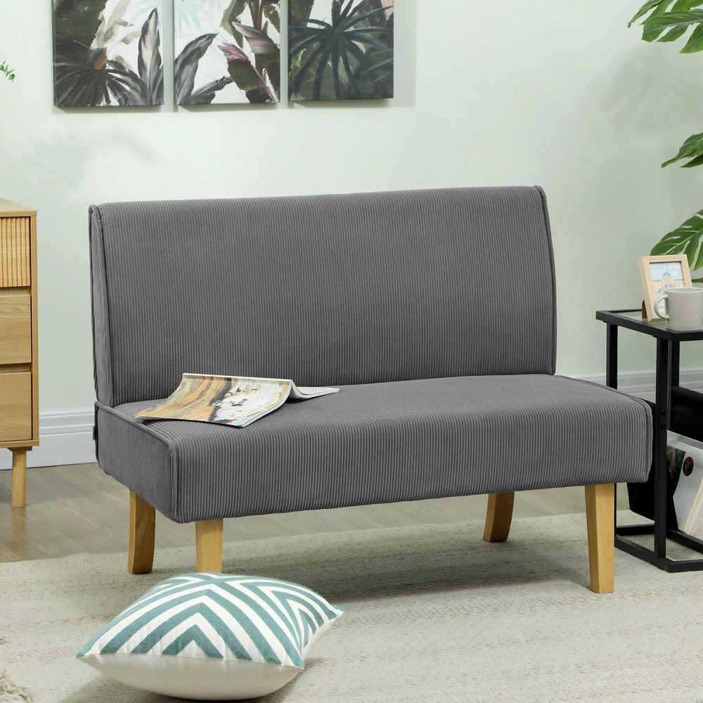 HOMCOM 2-vietė sofa, sofa su velveto optika, medinės kojelės, paminkštinta sofa, dvivietė sofa miegamajam, svetainei, 110 x 62 x 85 cm, pilka
