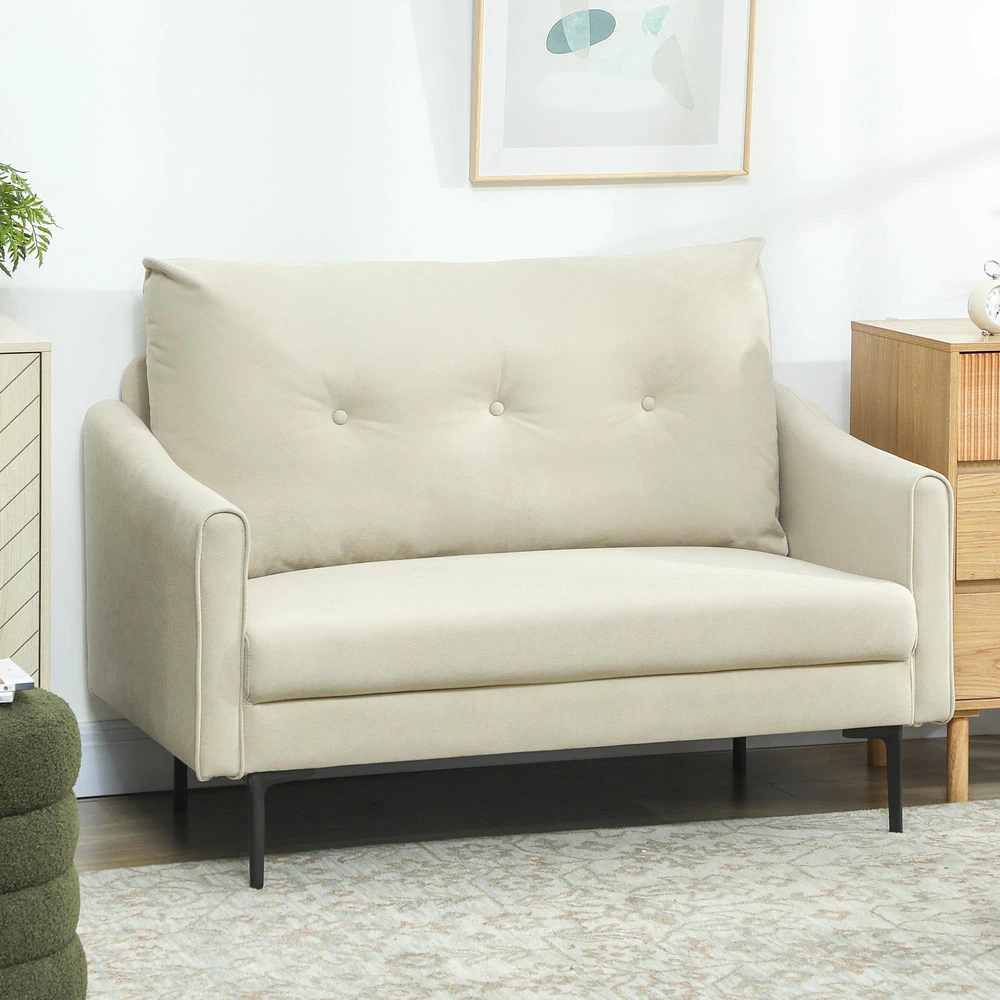 HOMCOM 2-vietė sofa su porolono paminkštinimu ir medžiaginiu apmušalu, skirta svetainei, miegamajam, metalinis rėmas, kreminė balta