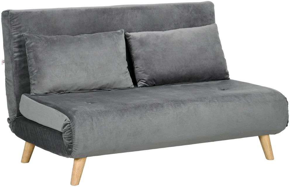 HOMCOM 2 vietų sofa-lova, išskleidžiama sofa su miegamąja funkcija, reguliuojamu atlošu, pagalvėlėmis, aksominės išvaizdos, pilka, 130 x 78 x 79 cm