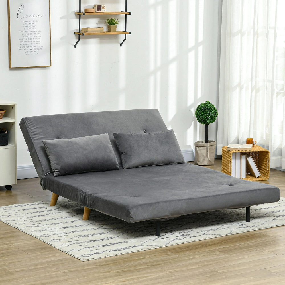 HOMCOM 2 vietų sofa-lova, išskleidžiama sofa su miegamąja funkcija, reguliuojamu atlošu, pagalvėlėmis, aksominės išvaizdos, pilka, 130 x 78 x 79 cm
