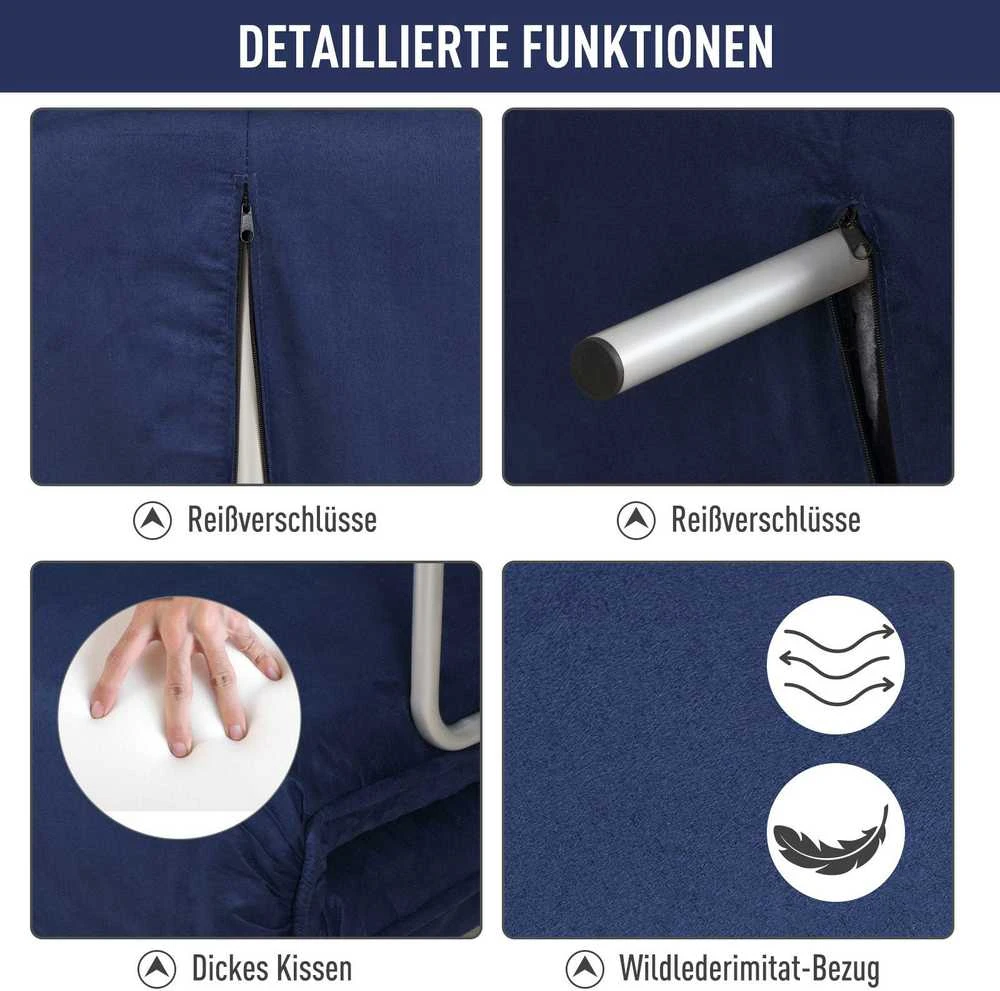 HOMCOM 2 vietų sofa-lova, sofa su reguliuojamu atlošu, dekoratyvinė pagalvė, sofa su aksomo efektu, porankiai, minkštas baldas svetainei, miegamajam, mėlyna