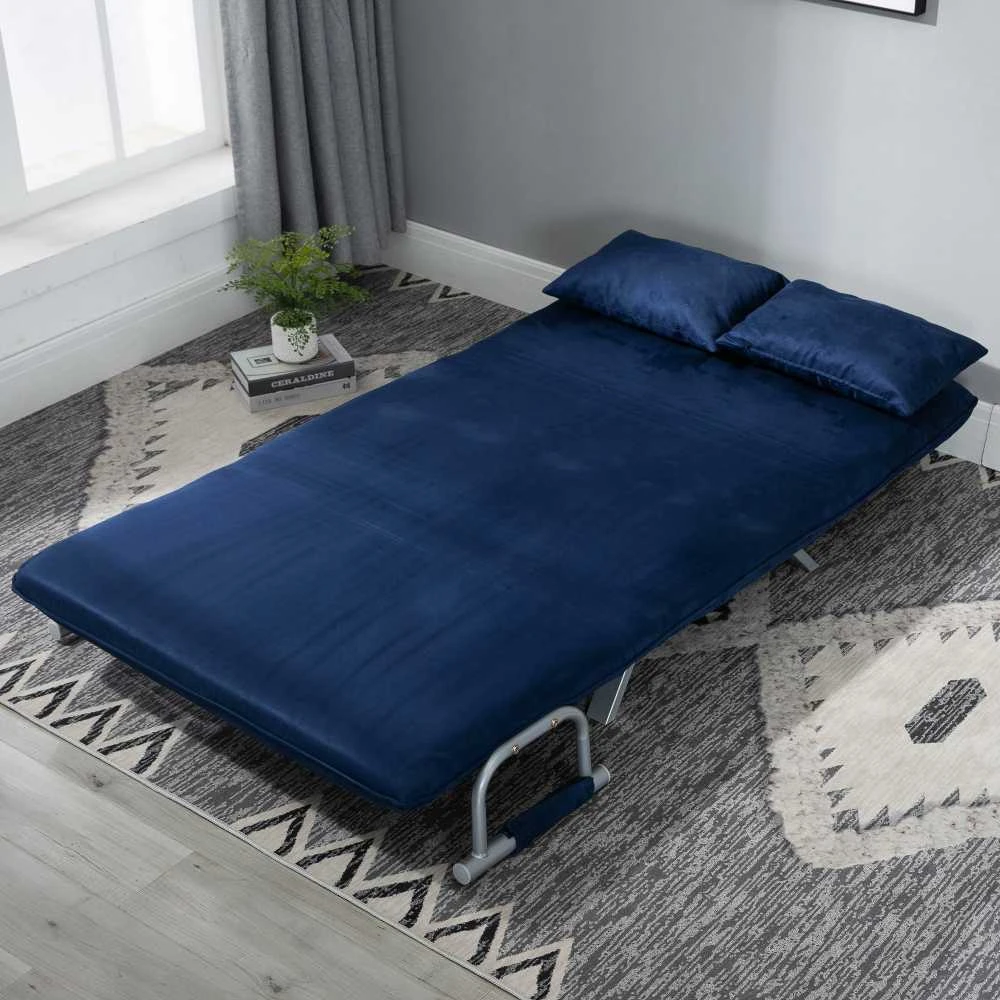 HOMCOM 2 vietų sofa-lova, sofa su reguliuojamu atlošu, dekoratyvinė pagalvė, sofa su aksomo efektu, porankiai, minkštas baldas svetainei, miegamajam, mėlyna