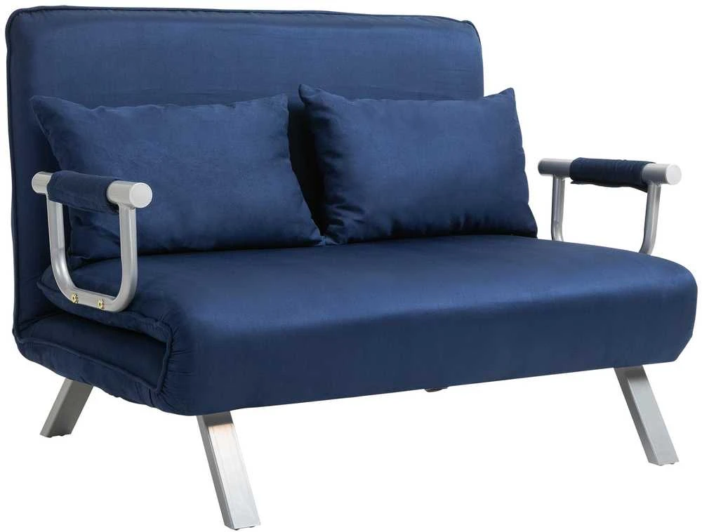 HOMCOM 2 vietų sofa-lova, sofa su reguliuojamu atlošu, dekoratyvinė pagalvė, sofa su aksomo efektu, porankiai, minkštas baldas svetainei, miegamajam, mėlyna