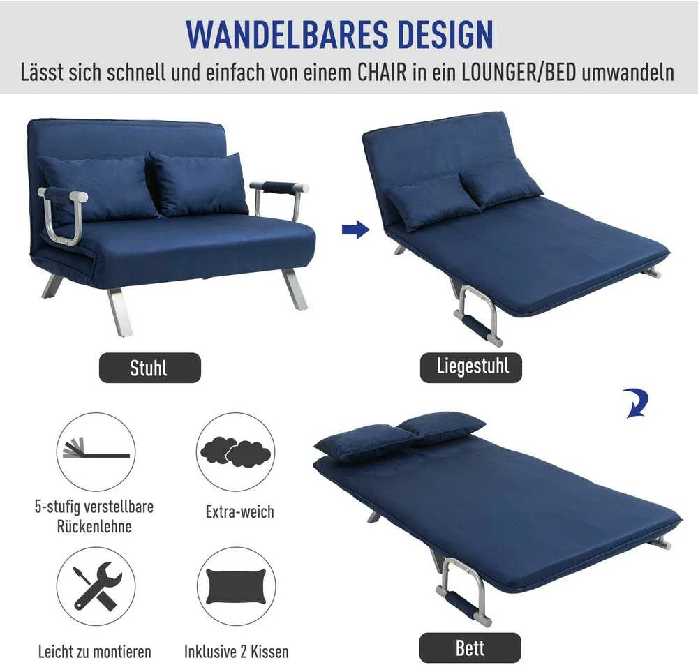 HOMCOM 2 vietų sofa-lova, sofa su reguliuojamu atlošu, dekoratyvinė pagalvė, sofa su aksomo efektu, porankiai, minkštas baldas svetainei, miegamajam, mėlyna