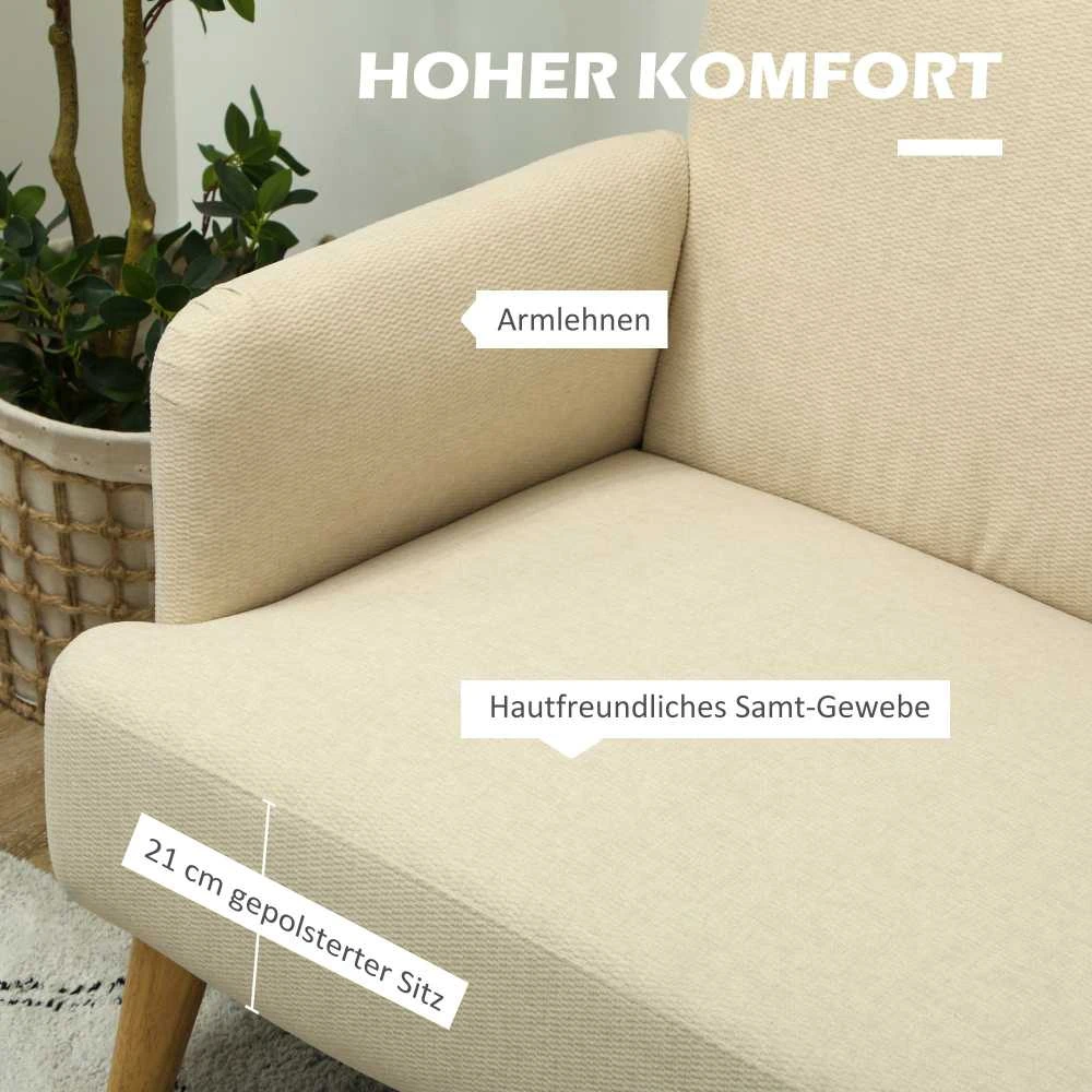 HOMCOM dvivietė sofa, maža sofa su aksomo efektu, medinės kojelės, paminkštinta sofa su porankiais svetainei, miegamajam, 130 x 74 x 79 cm, kreminė balta