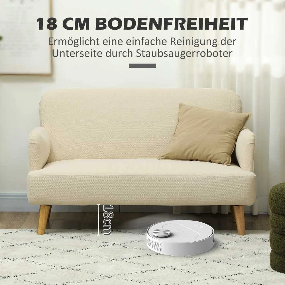 HOMCOM dvivietė sofa, maža sofa su aksomo efektu, medinės kojelės, paminkštinta sofa su porankiais svetainei, miegamajam, 130 x 74 x 79 cm, kreminė balta