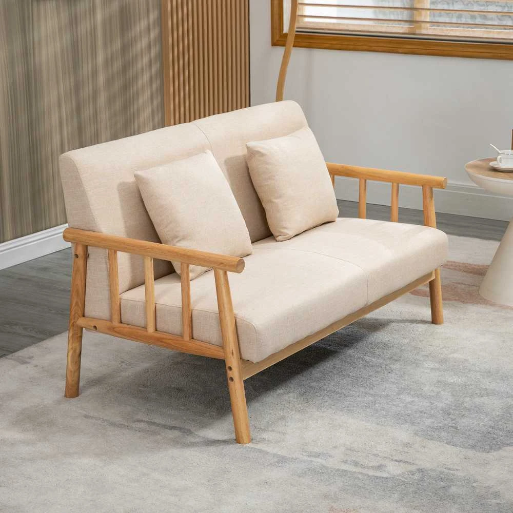 HOMCOM dvivietė sofa, 2 pagalvėlės juosmeniui, paminkštinta, medinis rėmas, lino išvaizda, mažiems kambariams, smėlio spalvos