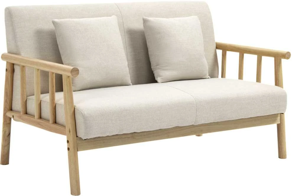 HOMCOM dvivietė sofa, 2 pagalvėlės juosmeniui, paminkštinta, medinis rėmas, lino išvaizda, mažiems kambariams, smėlio spalvos