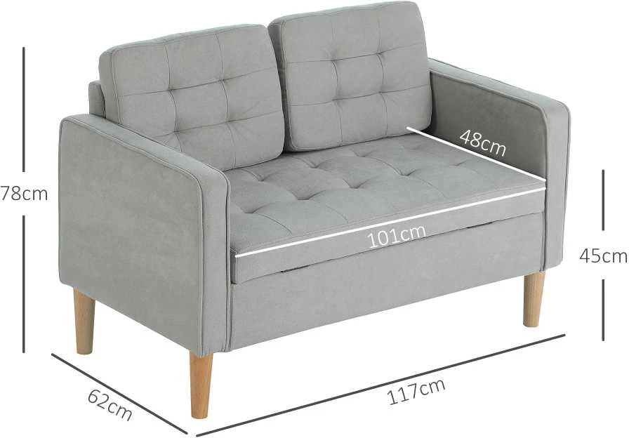 HOMCOM dvivietė sofa, sofa su daiktadėže, medinės kojelės, paminkštinta sofa, dvivietė sofa su aksomo efektu svetainei, miegamajam, 117 x 62 x 78 cm, šviesiai pilka | Aosom