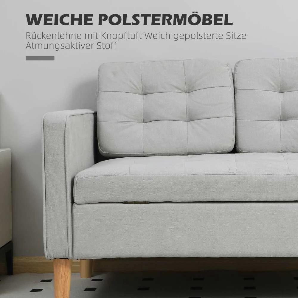 HOMCOM dvivietė sofa, sofa su daiktadėže, medinės kojelės, paminkštinta sofa, dvivietė sofa su aksomo efektu svetainei, miegamajam, 117 x 62 x 78 cm, šviesiai pilka | Aosom