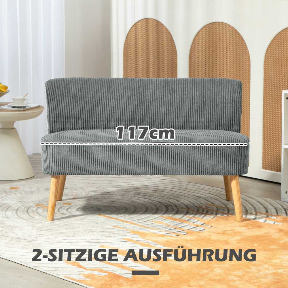 HOMCOM 2 vietų sofa, sofa su kordine išvaizda, medinės kojos, minkšta sofa, dvivietė sofa svetainei, miegamajam, 117 x 56,5 x 77 cm, pilka