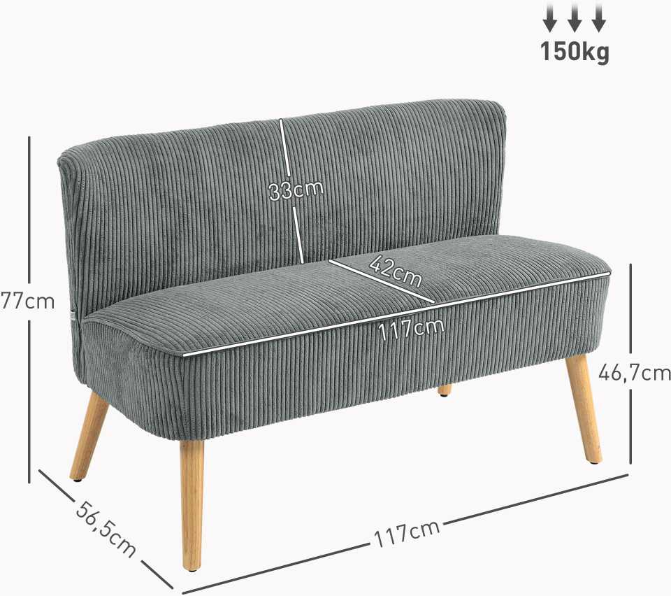HOMCOM 2 vietų sofa, sofa su kordine išvaizda, medinės kojos, minkšta sofa, dvivietė sofa svetainei, miegamajam, 117 x 56,5 x 77 cm, pilka