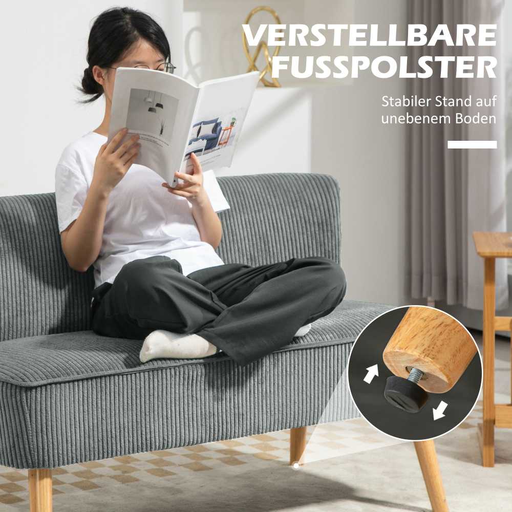 HOMCOM 2 vietų sofa, sofa su kordine išvaizda, medinės kojos, minkšta sofa, dvivietė sofa svetainei, miegamajam, 117 x 56,5 x 77 cm, pilka
