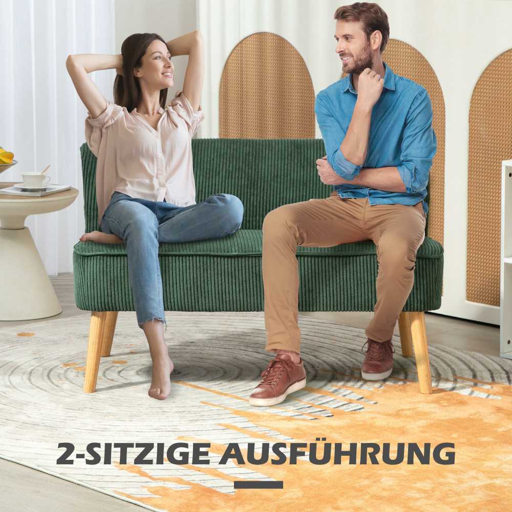 HOMCOM 2 vietų sofa, sofa su kordine išvaizda, medinės kojos, minkšta sofa, dvivietė sofa svetainei, miegamajam, 117 x 56,5 x 77 cm, žalios spalvos