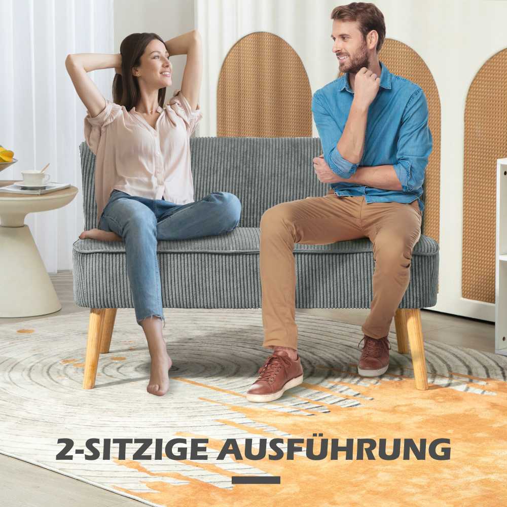HOMCOM 2 vietų sofa, sofa su kordine išvaizda, medinės kojos, minkšta sofa, dvivietė sofa svetainei, miegamajam, 117 x 56,5 x 77 cm, pilka