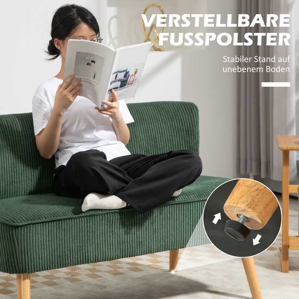 HOMCOM 2 vietų sofa, sofa su kordine išvaizda, medinės kojos, minkšta sofa, dvivietė sofa svetainei, miegamajam, 117 x 56,5 x 77 cm, žalios spalvos