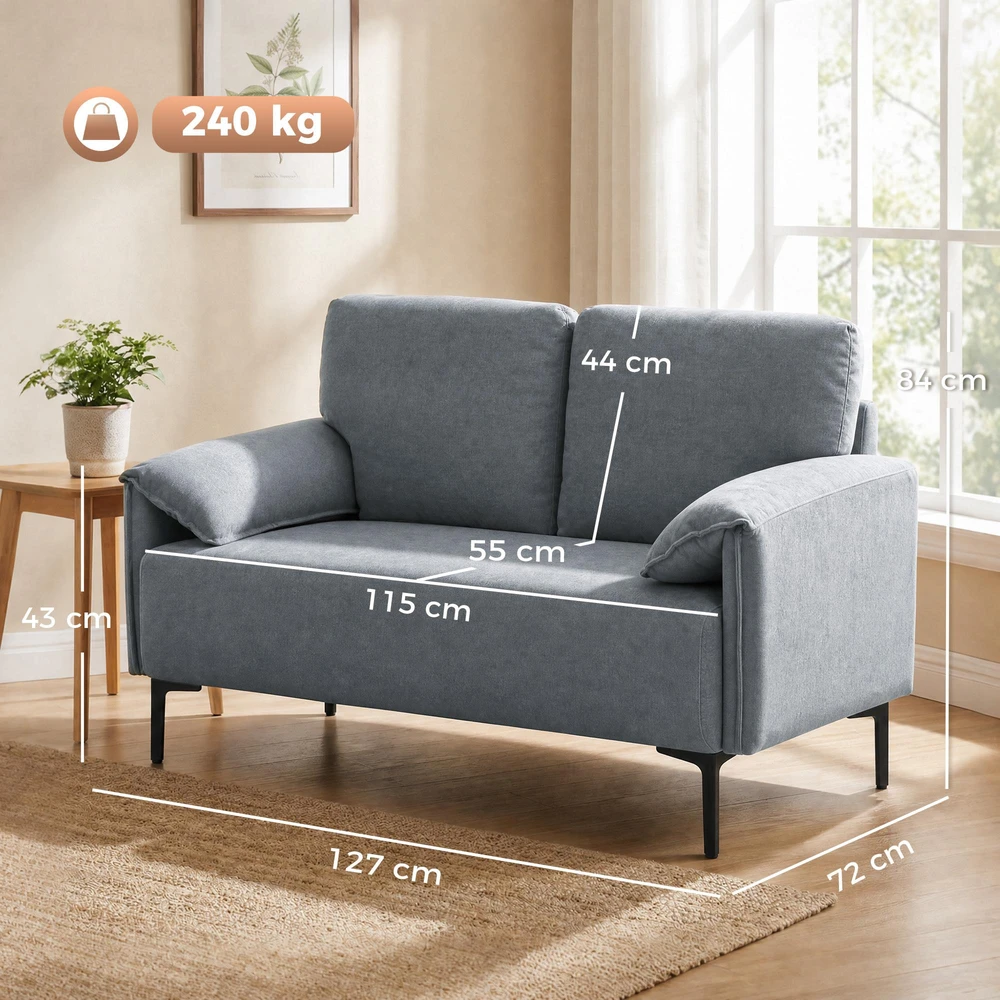 HOMCOM 2 vietų sofa, storos pagalvėlės, aksominis apmušalas, minkšta sofa, juoda