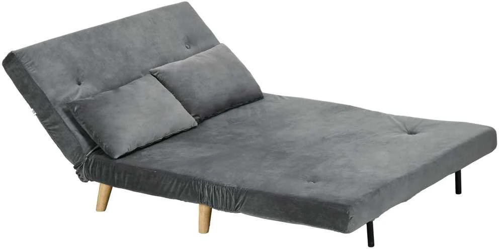 HOMCOM 2 vietų sofa-lova, išskleidžiama sofa su miegamąja funkcija, reguliuojamu atlošu, pagalvėlėmis, aksominės išvaizdos, pilka, 130 x 78 x 79 cm
