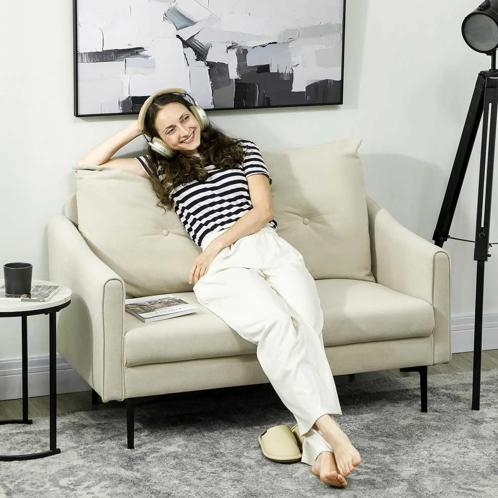 HOMCOM 2-vietė sofa su porolono paminkštinimu ir medžiaginiu apmušalu, skirta svetainei, miegamajam, metalinis rėmas, kreminė balta