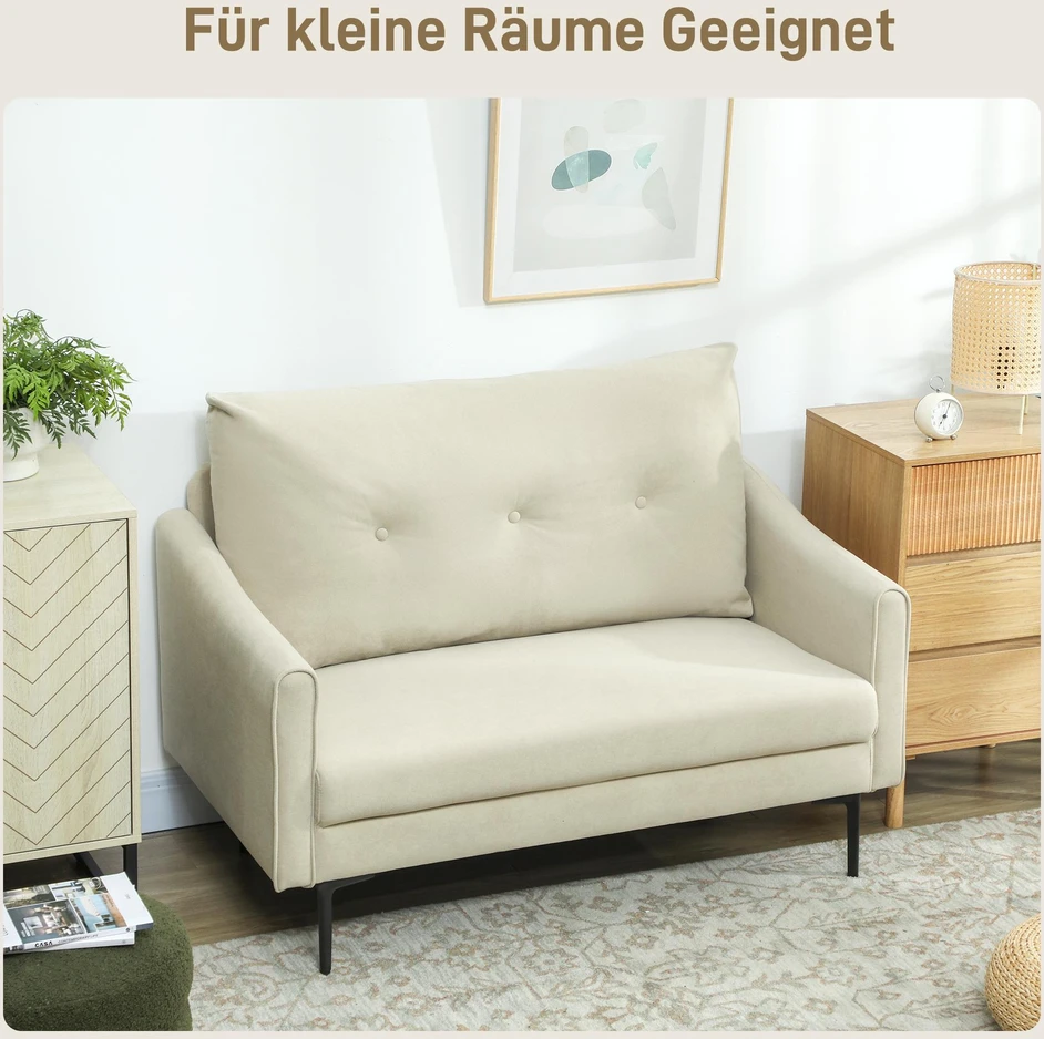 HOMCOM 2-vietė sofa su porolono paminkštinimu ir medžiaginiu apmušalu, skirta svetainei, miegamajam, metalinis rėmas, kreminė balta