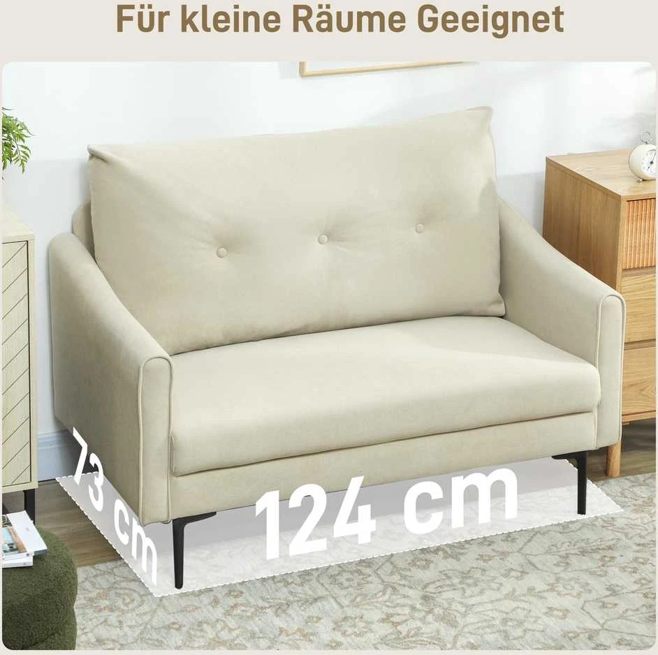 HOMCOM 2-vietė sofa su porolono paminkštinimu ir medžiaginiu apmušalu, skirta svetainei, miegamajam, metalinis rėmas, kreminė balta