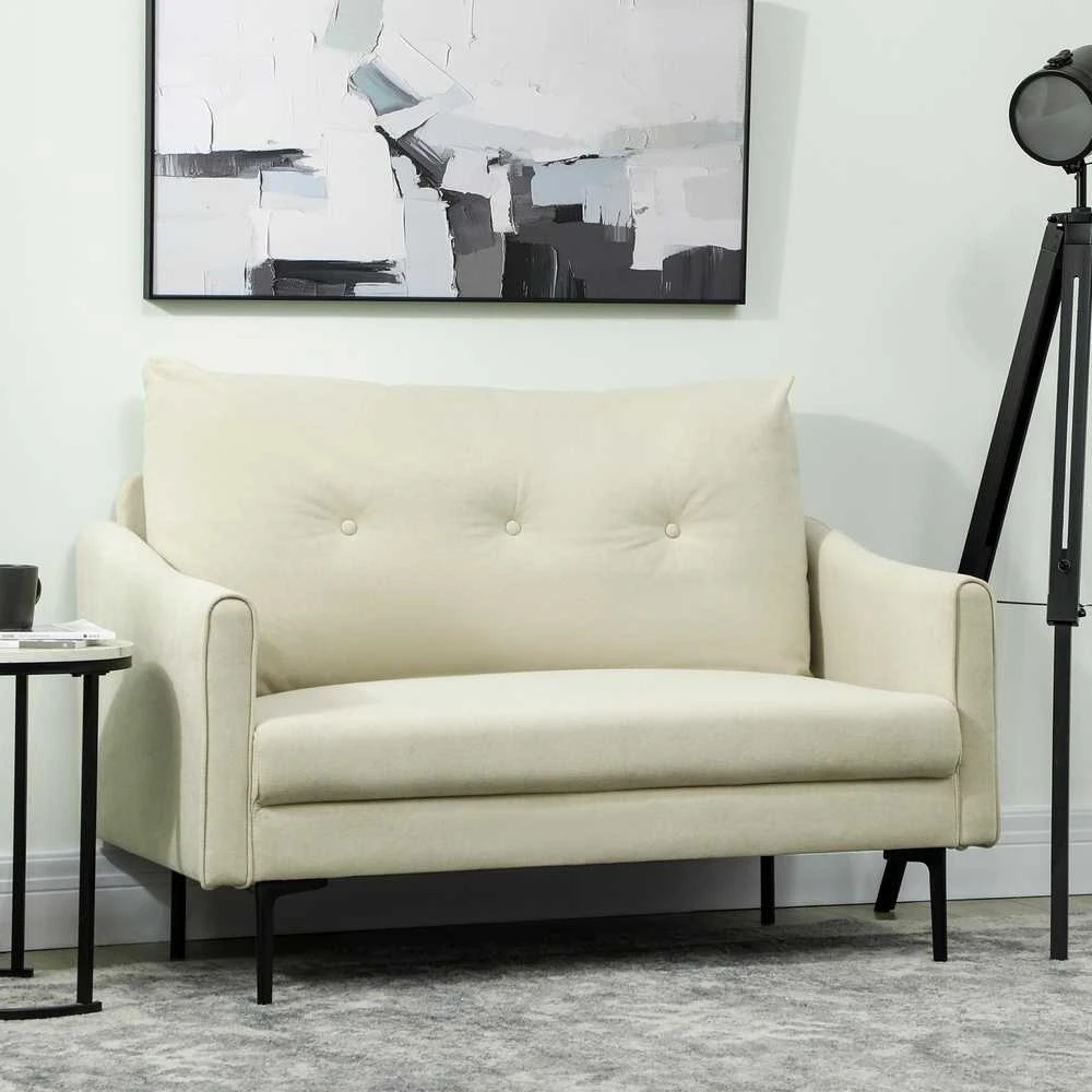 HOMCOM 2-vietė sofa su porolono paminkštinimu ir medžiaginiu apmušalu, skirta svetainei, miegamajam, metalinis rėmas, kreminė balta