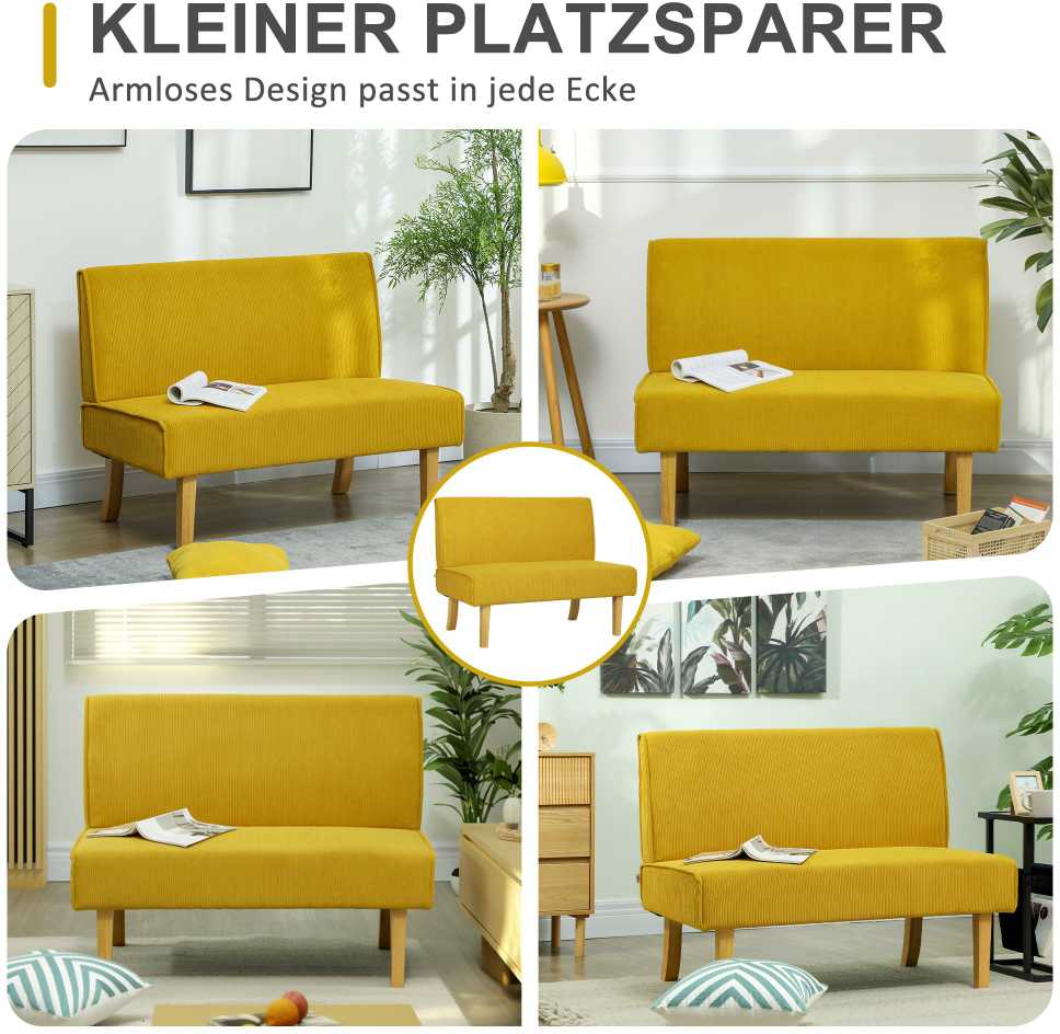 HOMCOM dvivietė sofa, sofa su velveto išvaizda, medinės kojelės, paminkštinta sofa, dvigubė sofa miegamajam, svetainei, 110 x 62 x 85 cm, geltona