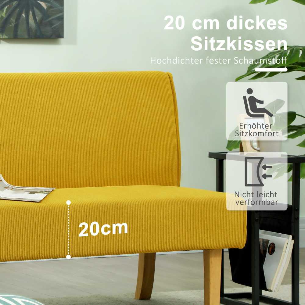 HOMCOM dvivietė sofa, sofa su velveto išvaizda, medinės kojelės, paminkštinta sofa, dvigubė sofa miegamajam, svetainei, 110 x 62 x 85 cm, geltona