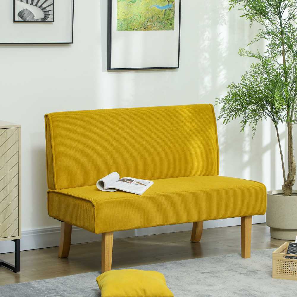 HOMCOM dvivietė sofa, sofa su velveto išvaizda, medinės kojelės, paminkštinta sofa, dvigubė sofa miegamajam, svetainei, 110 x 62 x 85 cm, geltona
