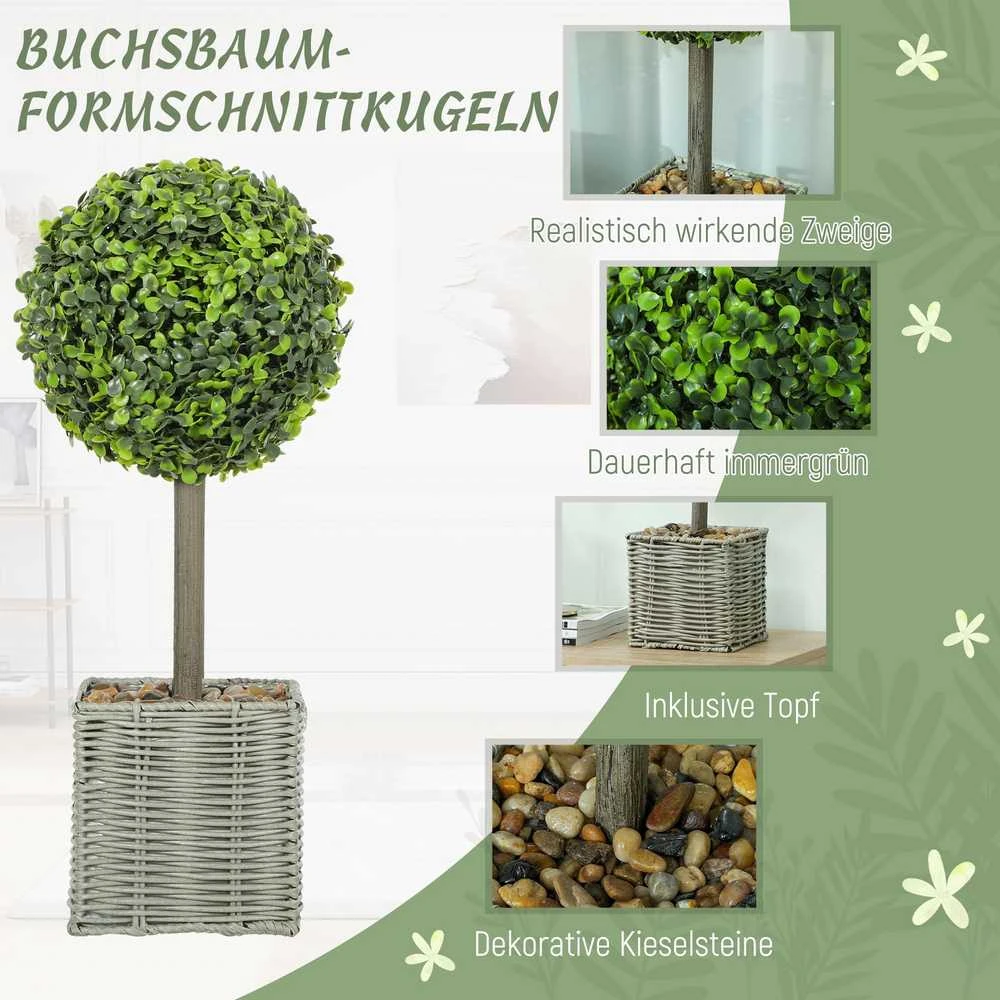 HOMCOM dirbtinių augalų rinkinys iš 2 vnt., UV spinduliams atsparūs vazoniniai dirbtiniai medeliai, tinkami naudoti patalpose ir lauke, plastikas, cementas, žalia